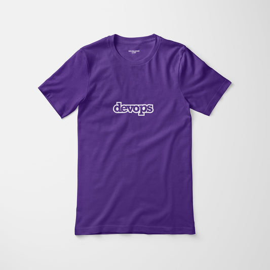 Purple t-shirt that says "devops"