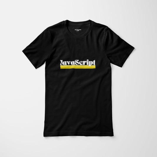 Black t-shirt with the text "JavaScript" in the style of a vintage logo