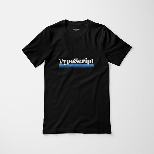 Black t-shirt with the text "TypeScript" in the style of a vintage logo