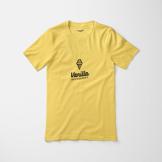 Yellow t-shirt with a picture of an ice cream cone accompanied by the text "Vanilla JavaScript"
