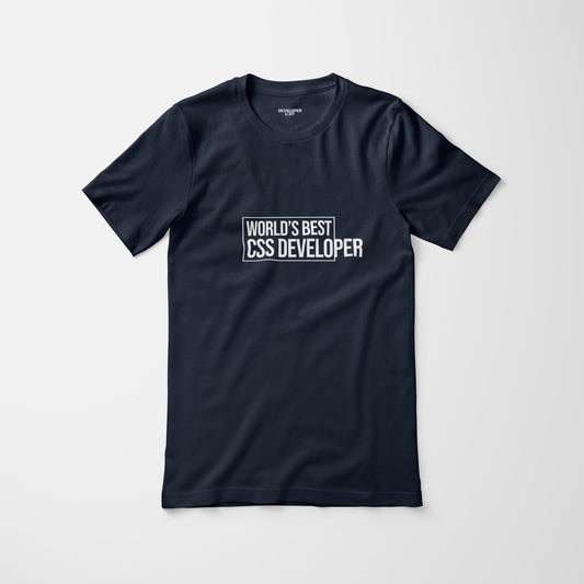 Navy t-shirt with the text "World's Best CSS Developer" that is overflowing from a box